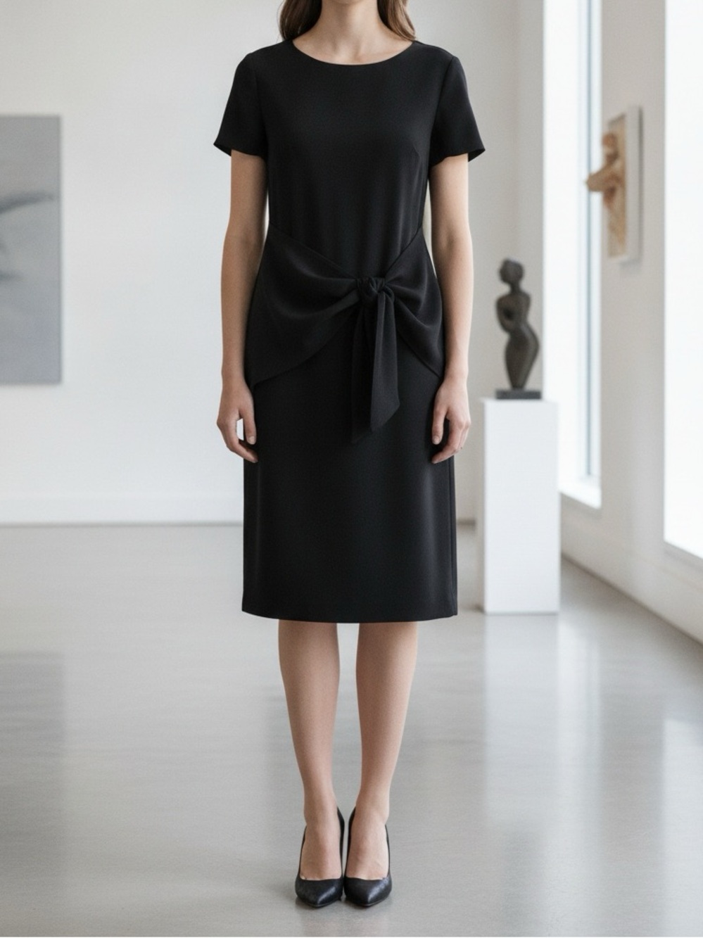 Dylan Gray Solid Black Short Sleeve Drape Front Luxe Shift Dress Size 6